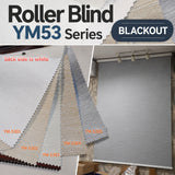 YM53 Series blackout roller blinds with five fabric colour options and white backing, featuring a grey blackout roller blind installation. Roller blinds supplier in Malaysia with supply and delivery nationwide and installation in Kuala Lumpur and Selangor by Bosita Decor.